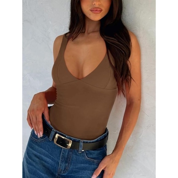 REORIA Women Brown Bodysuit Sleeveless Tank Top V-Neck Date Sexy XXL NWT‎ - Picture 1 of 9